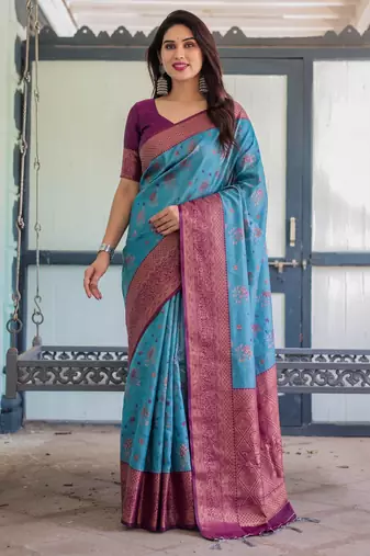 Sky wine silk blend banarasi saree with unstitched blouse piece