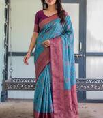 Sky wine silk blend banarasi saree with unstitched blouse piece