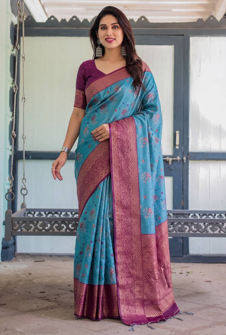 Sky wine soft silk blend banarasi jacuard work designer party wear saree with unstitched blouse piece