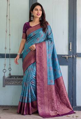Sky wine silk blend banarasi saree with unstitched blouse piece 4