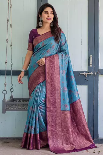 Sky wine silk blend banarasi saree with unstitched blouse piece