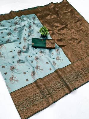 Sea green silk blend banarasi saree with unstitched blouse piece 2
