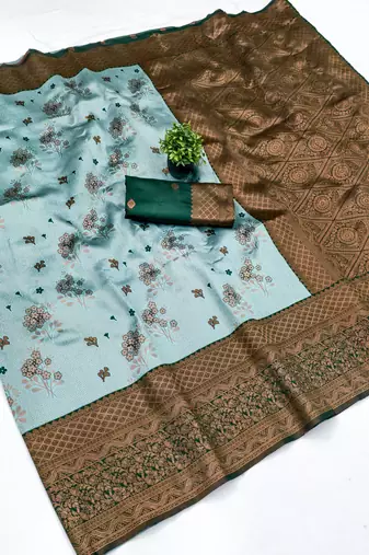 Sea green silk blend banarasi saree with unstitched blouse piece