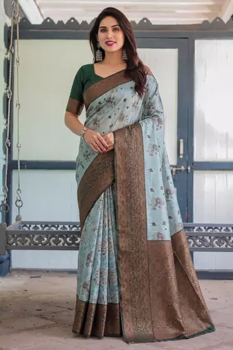 Sea green silk blend banarasi saree with unstitched blouse piece