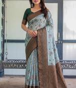 Sea green silk blend banarasi saree with unstitched blouse piece