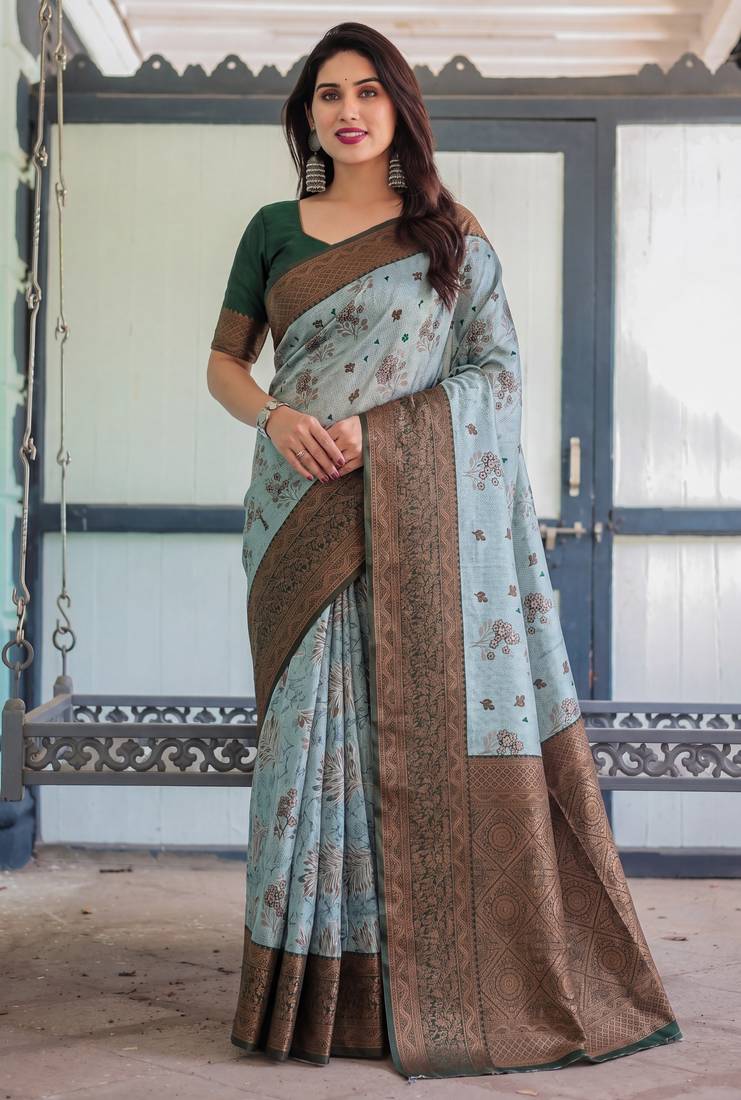 Sea green soft silk blend banarasi jacuard work designer party wear saree with unstitched blouse piece