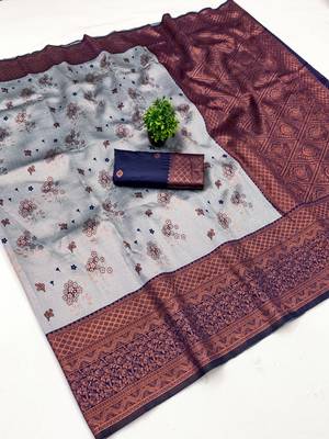 Grey navy blue silk blend banarasi saree with unstitched blouse piece 1