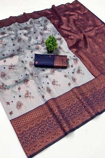 Grey navy blue silk blend banarasi saree with unstitched blouse piece