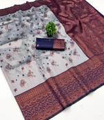 Grey navy blue silk blend banarasi saree with unstitched blouse piece