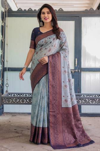 Grey navy blue soft silk blend banarasi jacuard work designer party wear saree with unstitched blouse piece