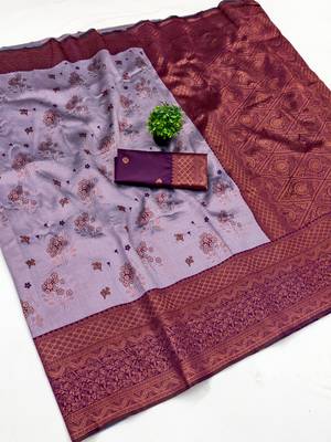 Lavender wine silk blend banarasi saree with unstitched blouse piece 1