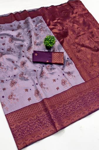 Lavender wine silk blend banarasi saree with unstitched blouse piece