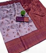 Lavender wine silk blend banarasi saree with unstitched blouse piece