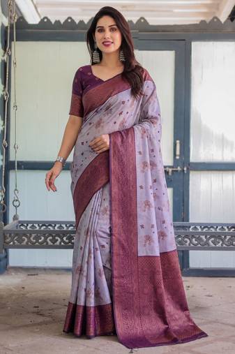Lavender wine soft silk blend banarasi jacuard work designer party wear saree with unstitched blouse piece