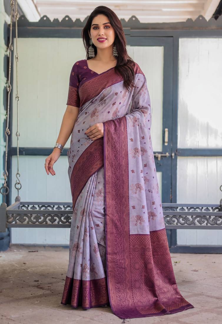 Lavender wine soft silk blend banarasi jacuard work designer party wear saree with unstitched blouse piece