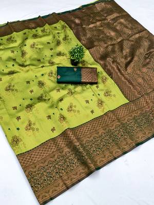 Lemon green silk blend banarasi saree with unstitched blouse piece 1