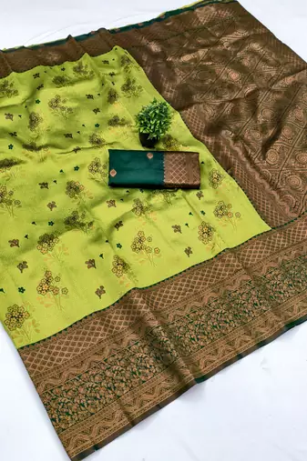 Lemon green silk blend banarasi saree with unstitched blouse piece