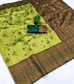 Lemon green silk blend banarasi saree with unstitched blouse piece