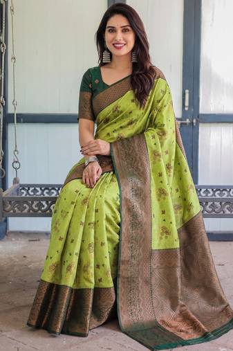 Lemon green soft silk blend banarasi jacuard work designer party wear saree with unstitched blouse piece