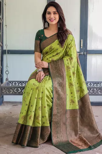 Lemon green silk blend banarasi saree with unstitched blouse piece