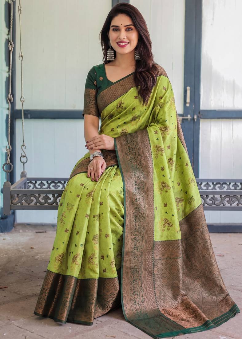 Lemon green soft silk blend banarasi jacuard work designer party wear saree with unstitched blouse piece