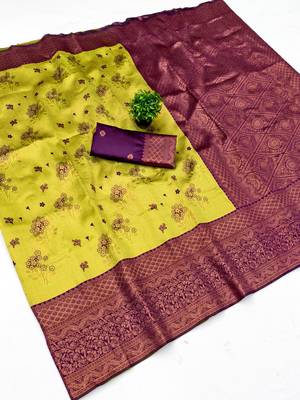 Lemon wine silk blend banarasi saree with unstitched blouse piece 1