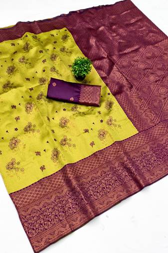 Lemon wine soft silk blend banarasi jacuard work designer party wear saree with unstitched blouse piece
