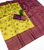 Lemon wine silk blend banarasi saree with unstitched blouse piece