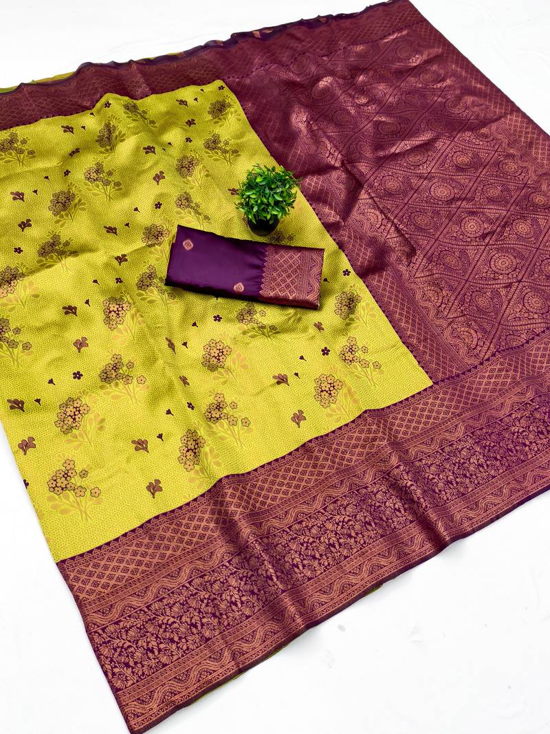 Lemon wine soft silk blend banarasi jacuard work designer party wear saree with unstitched blouse piece