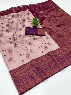 Peach wine silk blend banarasi saree with unstitched blouse piece 1