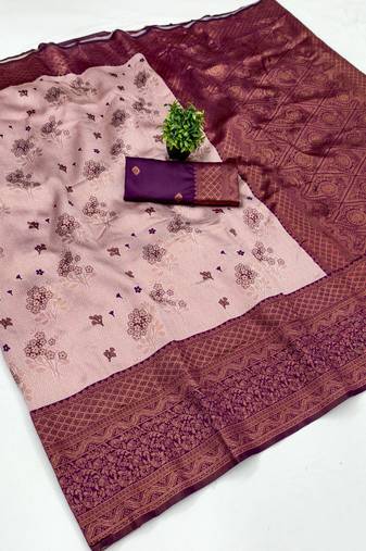 Peach wine silk blend banarasi saree with unstitched blouse piece