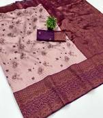 Peach wine silk blend banarasi saree with unstitched blouse piece