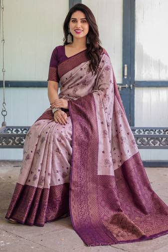 Peach wine soft silk blend banarasi jacuard work designer party wear saree with unstitched blouse piece