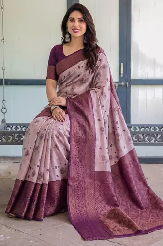 Peach wine silk blend banarasi saree with unstitched blouse piece
