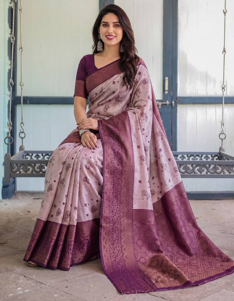 Peach wine soft silk blend banarasi jacuard work designer party wear saree with unstitched blouse piece