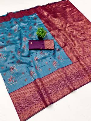 Sky wine silk blend banarasi saree with unstitched blouse piece 1