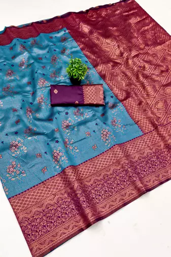 Sky wine silk blend banarasi saree with unstitched blouse piece