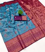 Sky wine silk blend banarasi saree with unstitched blouse piece