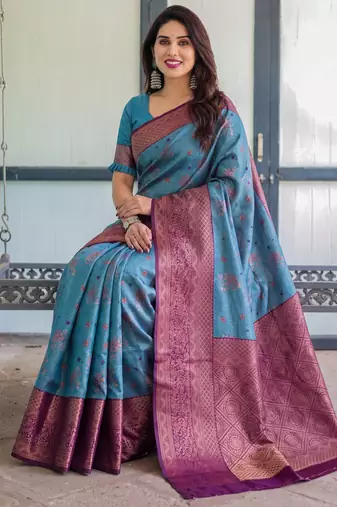 Sky wine silk blend banarasi saree with unstitched blouse piece