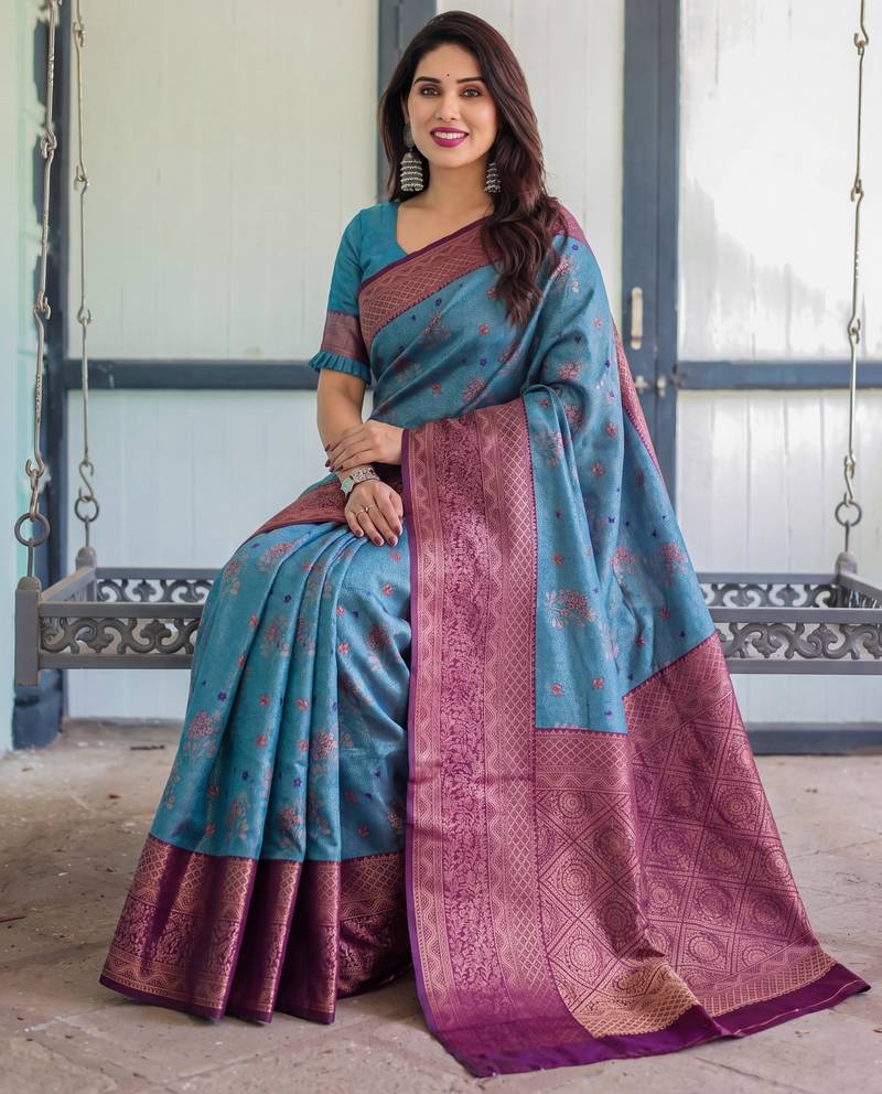 Sky wine soft silk blend banarasi jacuard work designer party wear saree with unstitched blouse piece