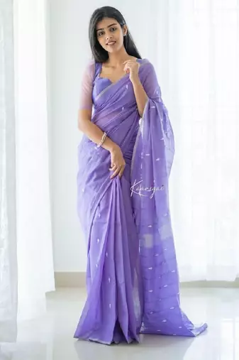 Lavender soft cotton spun designer party wear saree with unstitched blousea piece