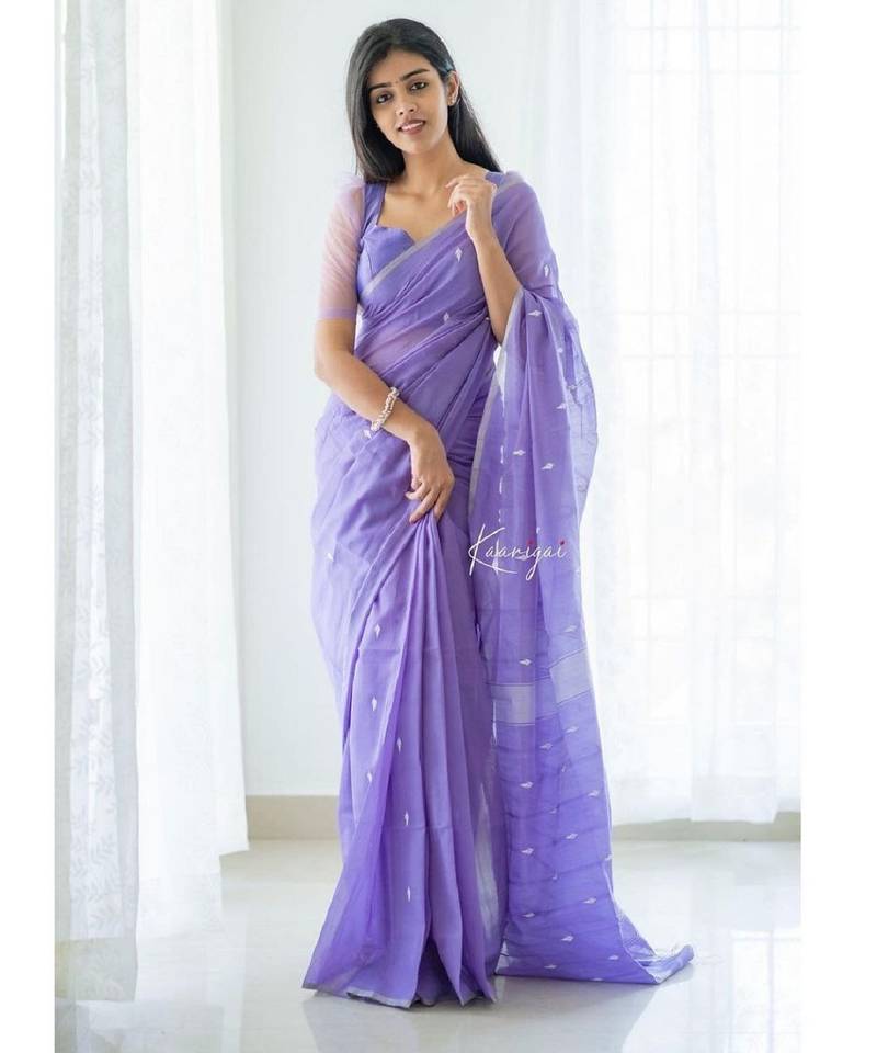 Lavender  soft cotton spun designer party wear saree with unstitched blousea piece