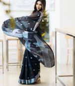 Black cotton spun saree with unstitched blousea piece