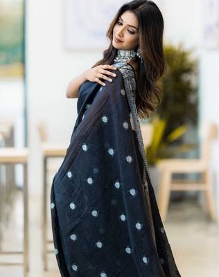Black cotton spun saree with unstitched blousea piece 3
