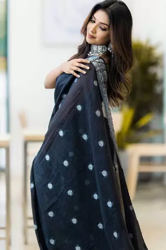 Black cotton spun saree with unstitched blousea piece