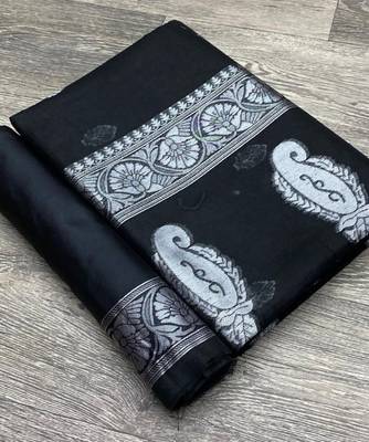 Black cotton spun saree with unstitched blousea piece 5