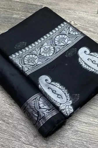 Black cotton spun saree with unstitched blousea piece