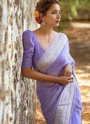 Lavender cotton spun saree with unstitched blousea piece 3