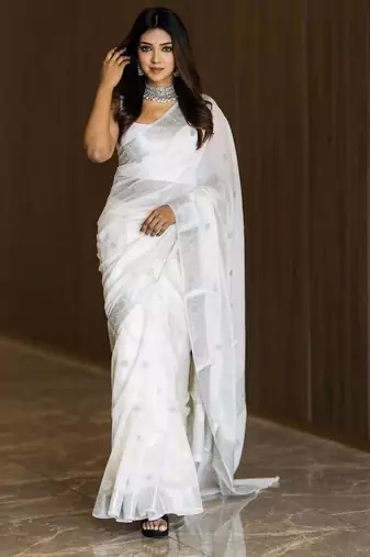 White soft cotton spun designer party wear saree with unstitched blousea piece