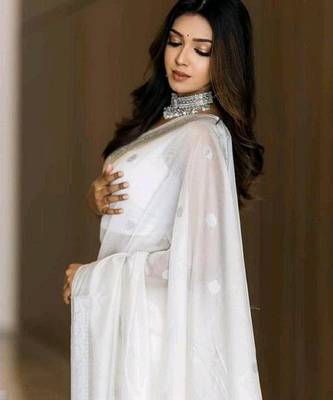 White cotton spun saree with unstitched blousea piece 3